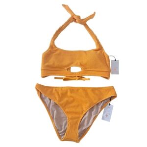 Shade & Shore Textured Halter Bikini Set Women’s L 12-14 Mustard Orange NWT
